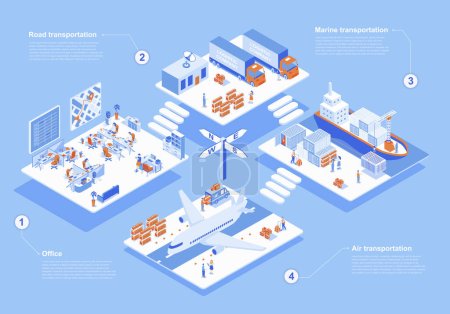 Illustration for Logistic company concept 3d isometric web scene with infographic. People working in delivery office and provide road, marine and air transportations. Vector illustration in isometry graphic design - Royalty Free Image