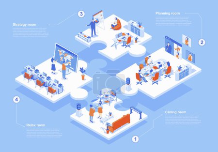 Illustration for Outsourcing company concept 3d isometric web scene with infographic. People working in international company with global management and online teamwork. Vector illustration in isometry graphic design - Royalty Free Image