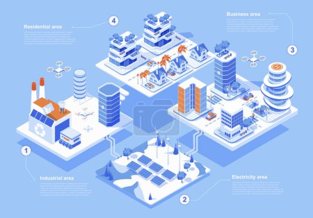 Illustration for Smart city concept 3d isometric web people scene with infographic. Urban infrastructure with industrial, electricity, business and residential areas. Vector illustration in isometry graphic design - Royalty Free Image