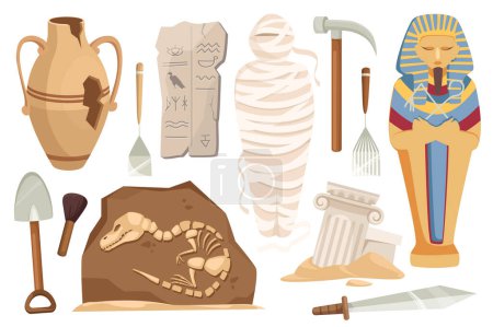 Illustration for Archeology set graphic elements in flat design. Bundle of ancient broken vase, hieroglyphs plate, mummy, sarcophagus, dinosaur, shovel, pickaxe, brush and other. Vector illustration isolated objects - Royalty Free Image