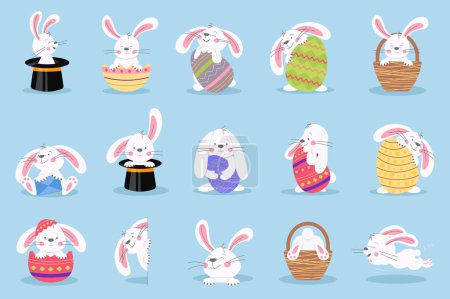 Illustration for Easter bunny set graphic elements in flat design. Bundle of cute white rabbits holding colorful eggs with different festive patterns, sit in black hats or baskets. Vector illustration isolated objects - Royalty Free Image