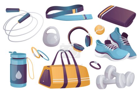 Illustration for Fitness equipment set graphic elements in flat design. Bundle of jumping rope, towel, kettlebell, ball, headphones, sneakers, water bottle, bracelets and other. Vector illustration isolated objects - Royalty Free Image