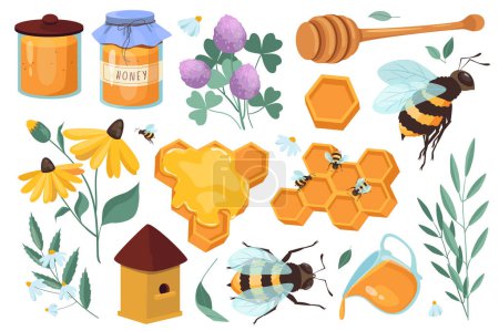 Illustration for Honey set graphic elements in flat design. Bundle of honey jars, honeycomb, flying bee, clover, different blooming flowers, wooden spoon, other beekeeping tools. Vector illustration isolated objects - Royalty Free Image