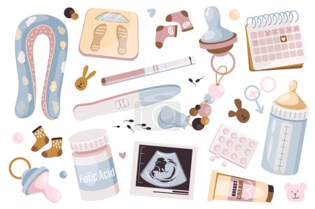 Los elementos del embarazo establecen elementos gráficos en diseño plano. Paquete de almohada, escamas, calcetines, calendario, chupete, botella de leche, crema para el pecho, ultrasonido fetal y otros. Ilustración vectorial objetos aislados