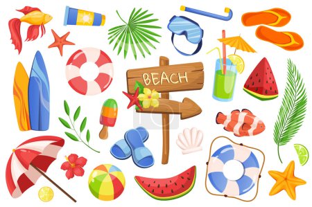 Summer time set graphic elements in flat design. Bundle of beach pointer, tropical leaf, flowers, sunscreen, starfish, lifebuoy, ice cream, surfboard and other. Vector illustration isolated objects
