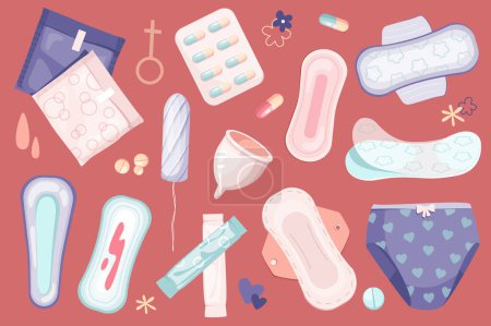 Illustration for Women period set graphic elements in flat design. Bundle of tampons and pads, tablets, menstrual cup, female panty, and other gynecological hygiene products. Vector illustration isolated objects - Royalty Free Image
