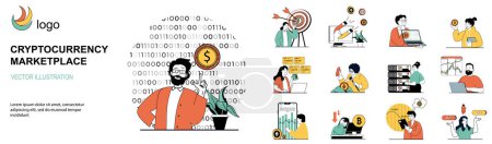 Illustration for Cryptocurrency marketplace concept with character situations collection. Bundle of scenes people analysing crypto market trends, buying and selling bitcoins. Vector illustrations in flat web design - Royalty Free Image