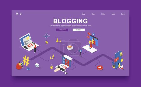 Illustration for Blogging concept 3d isometric landing page template. People write articles, recording video and create different content for posts in online blog. Vector illustration in isometry graphic design. - Royalty Free Image