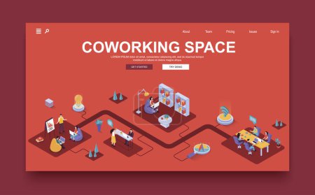 Illustration for Coworking space concept 3d isometric landing page template. People work in open office, collaborate and hold conferences, discuss and do tasks. Vector illustration in isometry graphic design. - Royalty Free Image
