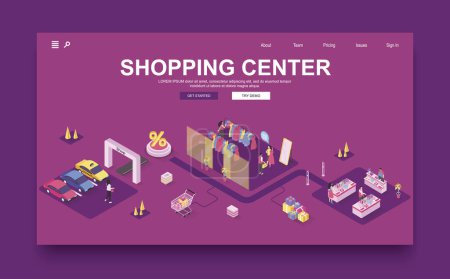 Illustration for Shopping center concept 3d isometric landing page template. People choose clothes in boutique, buy goods on shelves of store in seasonal sales. Vector illustration in isometry graphic design. - Royalty Free Image