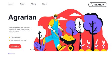 Illustration for Agrarian concept for landing page template. Farmer with wheelbarrow works on farm and harvesting. Gardening and planting people scene. Vector illustration with flat character design for web banner - Royalty Free Image
