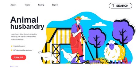 Illustration for Animal husbandry concept for landing page template. Farmer breeds chickens and sheeps on farm. Poultry and livestock farming people scene. Vector illustration with flat character design for web banner - Royalty Free Image