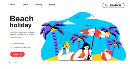 Ilustración de Concepto de vacaciones en la playa para plantilla de landing page. Mujer en traje de baño tomando el sol en la playa tropical. Vacaciones en el balneario escena de la gente. Ilustración vectorial con diseño de carácter plano para banner web - Imagen libre de derechos