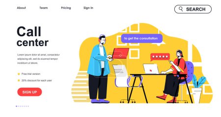 Illustration for Call center concept for landing page template. Man and woman in headsets answering customers. Technical support consultation people scene. Vector illustration with flat character design for web banner - Royalty Free Image