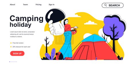 Illustration for Camping holiday concept for landing page template. Woman resting with tent in forest and picking mushrooms. Outdoor activity people scene. Vector illustration with flat character design for web banner - Royalty Free Image