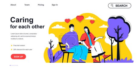 Illustration for Caring for each other concept for landing page template. Happy man and woman talks sitting on bench. Loving relationship people scene. Vector illustration with flat character design for web banner - Royalty Free Image