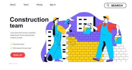 Illustration for Construction team concept for landing page template. Woman painting walls and man working on building site. Real estate people scene. Vector illustration with flat character design for web banner - Royalty Free Image
