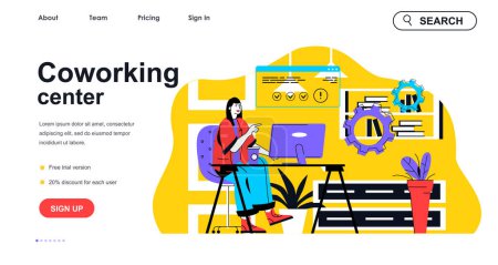 Illustration for Coworking center concept for landing page template. Woman coworker working at computer in open office. Freelancer workplace people scene. Vector illustration with flat character design for web banner - Royalty Free Image