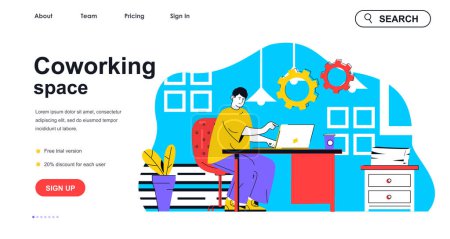 Illustration for Coworking space concept for landing page template. Man working on laptop in comfortable open office. Coworker workplace people scene. Vector illustration with flat character design for web banner - Royalty Free Image