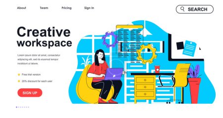 Illustration for Creative workspace concept for landing page template. Woman working on laptop in office and doing tasks. Coworking center people scene. Vector illustration with flat character design for web banner - Royalty Free Image