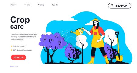 Illustration for Crop care concept for landing page template. Woman farmer watering plants and tree sprouts at garden. Gardening and farming people scene. Vector illustration with flat character design for web banner - Royalty Free Image
