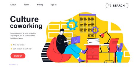 Illustration for Culture coworking concept for landing page template. Employee working on laptop in office center. Workplace organization people scene. Vector illustration with flat character design for web banner - Royalty Free Image
