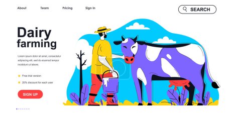 Illustration for Dairy farming concept for landing page template. Farmer caring for cow and holds bucket of milk. Livestock, animal husbandry people scene. Vector illustration with flat character design for web banner - Royalty Free Image