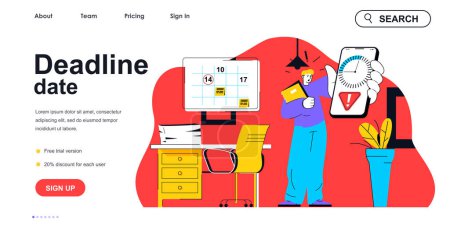 Illustration for Deadline date concept for landing page template. Worried employee holds phone with timer, deadline for task. Work stress people scene. Vector illustration with flat character design for web banner - Royalty Free Image
