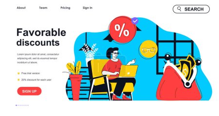 Illustration for Favorable discounts concept for landing page template. Woman buying online at best prices on sales by laptop. Smart shopping people scene. Vector illustration with flat character design for web banner - Royalty Free Image