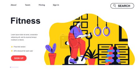 Illustration for Fitness concept for landing page template. Woman exercising on stationary bike in gym. Cardio workout at sports treadmills people scene. Vector illustration with flat character design for web banner - Royalty Free Image