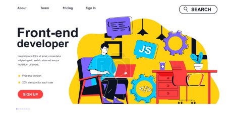 Illustration for Front-end developer concept for landing page template. Man creates web page and programming. Development user interface people scene. Vector illustration with flat character design for web banner - Royalty Free Image