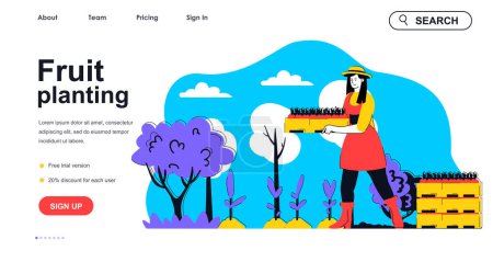 Illustration for Fruit planting concept for landing page template. Woman farmer holding box of seedlings and planting fruit trees. Gardening people scene. Vector illustration with flat character design for web banner - Royalty Free Image
