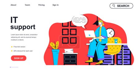 Illustration for IT support concept for landing page template. Woman operator solves problems of software users. Technical support service people scene. Vector illustration with flat character design for web banner - Royalty Free Image