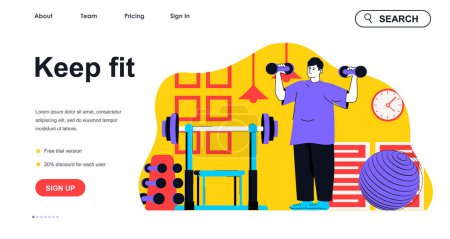 Illustration for Keep fit concept for landing page template. Man exercising with dumbbells, doing workouts in gym. Healthy sportive lifestyle people scene. Vector illustration with flat character design for web banner - Royalty Free Image