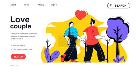 Illustration for Love couple concept for landing page template. Happy man and woman holding hands and walking in park. Loving relationships people scene. Vector illustration with flat character design for web banner - Royalty Free Image