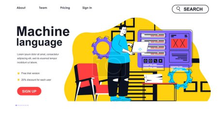 Illustration for Machine language concept for landing page template. Programmer gives instruction and works on laptop. Software development people scene. Vector illustration with flat character design for web banner - Royalty Free Image