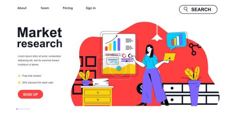Illustration for Market research concept for landing page template. Woman analyst analyzing data. Business statistics, financial analytics people scene. Vector illustration with flat character design for web banner - Royalty Free Image