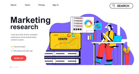 Illustration for Marketing research concept for landing page template. Woman analyzing data graphs. Business statistics, financial analytics people scene. Vector illustration with flat character design for web banner - Royalty Free Image