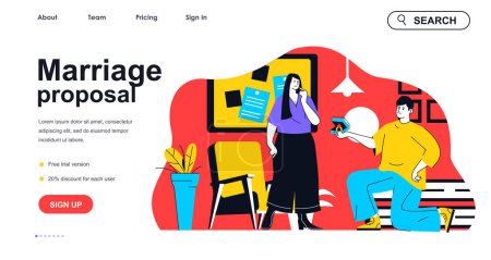 Illustration for Marriage proposal concept for landing page template. Kneeling man proposes ring to woman. Engagement and love relationship people scene. Vector illustration with flat character design for web banner - Royalty Free Image