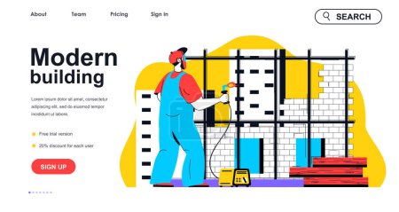 Illustration for Modern building concept for landing page template. Builder working and welding metal structures. Real estate construction people scene. Vector illustration with flat character design for web banner - Royalty Free Image