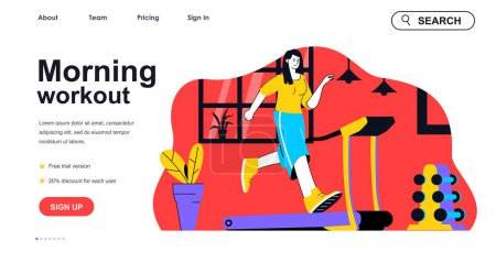 Illustration for Morning workout concept for landing page template. Woman running on treadmill in gym. Daily fitness and cardio workout people scene. Vector illustration with flat character design for web banner - Royalty Free Image