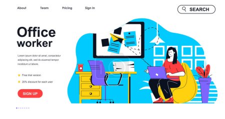 Illustration for Office worker concept for landing page template. Employee does work tasks, works on laptop, sends emails. Company workflow people scene. Vector illustration with flat character design for web banner - Royalty Free Image