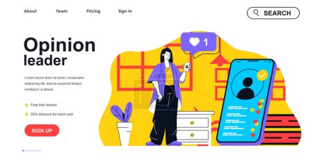 Opinion leader concept for landing page template. Woman blogger makes live stream to followers using mobile app. Blogging people scene. Vector illustration with flat character design for web banner