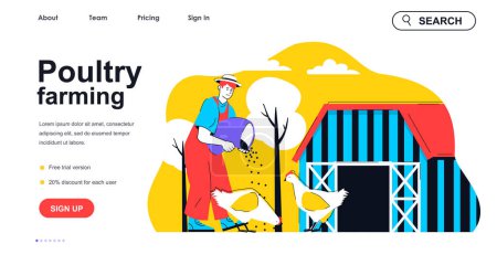 Illustration for Poultry farming concept for landing page template. Farmer feeding chickens and works on farm. Aviculture and agribusiness people scene. Vector illustration with flat character design for web banner - Royalty Free Image