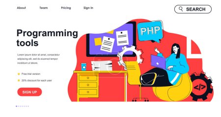 Photo for Programming tools concept for landing page template. Woman works at laptop, writes code and settings. Software development people scene. Vector illustration with flat character design for web banner - Royalty Free Image