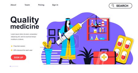 Illustration for Quality medicine concept for landing page template. Doctor or nurse holding syringe for vaccination. Medical clinic service people scene. Vector illustration with flat character design for web banner - Royalty Free Image