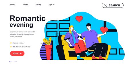 Illustration for Romantic evening concept for landing page template. Loving man and woman talks sitting on couch. Couple relationship, family people scene. Vector illustration with flat character design for web banner - Royalty Free Image