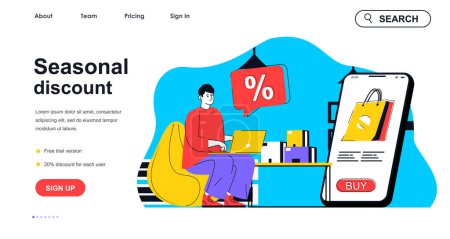 Illustration for Seasonal discount concept for landing page template. Man makes purchases on sale using laptop. Online shopping in mobile app people scene. Vector illustration with flat character design for web banner - Royalty Free Image