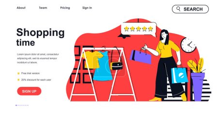 Illustration for Shopping time concept for landing page template. Woman buys new clothes in boutique. Buyer makes bargain purchases in store people scene. Vector illustration with flat character design for web banner - Royalty Free Image