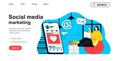 Illustration for Social media marketing concept for landing page template. Woman making promo mailing and ads. Online promotion mobile app people scene. Vector illustration with flat character design for web banner - Royalty Free Image